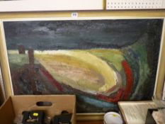 A large framed mixed media abstract scene