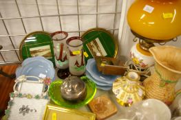 A large parcel of mixed items including oil lamp, china & glassware etc