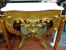 A vintage gilt wood console stand with white serpentine marble top