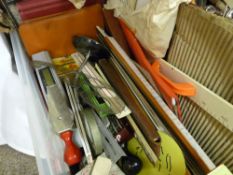 A crate of mixed items including architects rulers, drawing instruments etc