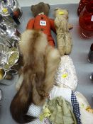 Two vintage teddy bears, a fur wrap, a ladies' purse & similar items