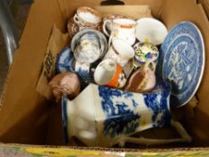 A box of mixed china & pottery including some lustreware, blue & white etc