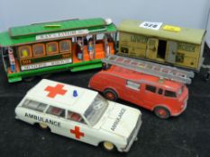 Tin plate toys - railway, trams, ambulance & a Dinky Diecast fire engine