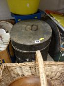 A metal hat box, wicker shopping basket etc