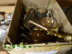 A box of electroplate, copper & brassware