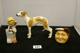 A Leonardo greyhound or whippet, a Mabel Lucie Attwell figure & a Doulton character jug