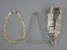 THREE SILVER BRACELETS including a five bar gate bracelet with padlock clasp, an identity bracelet