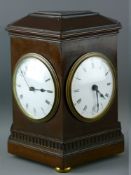 A RARE & UNUSUAL MAHOGANY CASED TWIN FACE MANTEL CLOCK, the angular case with twin enamel dials