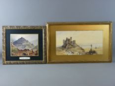 TWO FRAMED WATERCOLOUR STUDIES - unattributed, early depiction of Harlech Castle with figures and