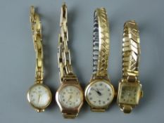 FOUR NINE CARAT GOLD ENCASED LADY'S WATCHES - a square dial Damas, a circular dial Tudor Royal, a