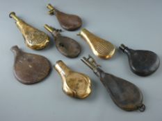 A COLLECTION OF VINTAGE SHOT FLASKS including three leather with brass fittings, two with no