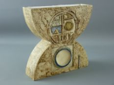 A LARGE TROIKA DOUBLE VASE having raised and incised abstract designs on a textured sandy coloured