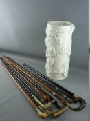 TEN VICTORIAN & OTHER WALKING STICKS & CANES, all with white metal or silver collars or mounts, five