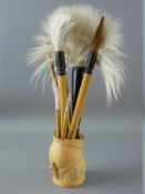 A CHINESE YIXING STONEWARE BRUSH POT & BRUSHES, 20th Century with seal mark to base and