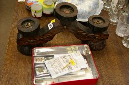 Rustic candleholder and a tin containing small quantity of stamps and first day covers