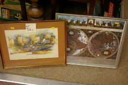 Framed print of Conwy by Eric Mason and a framed map of the world