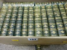 Box of fifteen green and gilt bound Dickens novels