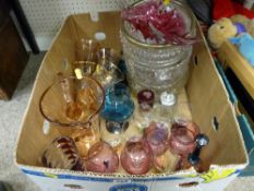 Box of mixed glassware including cranberry, amber etc