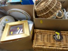 Wicker picnic basket and two boxes of mixed household goods