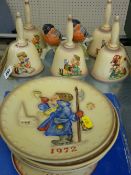 Collection Goebel/M J Hummel year plates and bells and two figurines of bullfinches
