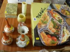 Three Canton style vases, lobed pot and cover, three items of onyx tableware and a boxed Oriental