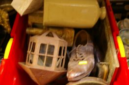 Box of miscellaneous items including metalware, treen, vintage shoes, earthenware etc