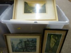 Large plastic tub containing paintings, prints etc