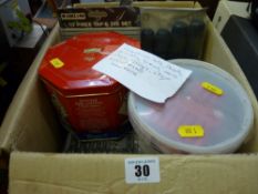 Box of miscellaneous hardware, screwdriver sets, chisels, drill bits etc