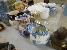 Minton blue and white jug, Ironstone jug, oil lamp etc