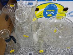 Lidded decanter, three footed glass bowl and other glassware