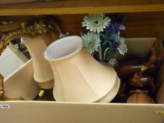 Gilt framed wall mirror, table lamp and shade and various wooden animals etc