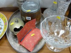 Oval electroplate tray, wooden biscuit barrel, small oval plated container and three pieces of