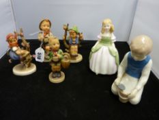 Four Hummel figurines (damage), a Lladro type figurine and a Doulton lady titled 'Penny' HN2338