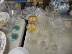 Victorian pressed glass cakestand, cut glass thistle shaped jug along with further glassware