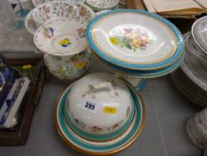 Three floral decorated Staffs plates and matching comport, Gaudy Welsh bowl and similar china items