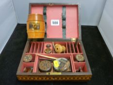 Tunbridge ware lidded box with scene of Windsor Castle, the interior with sewing related items in