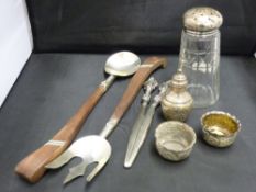 Quantity of small silver to include a cut glass sugar sifter and a pair of European salad servers