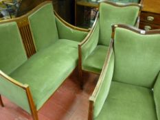 Good inlaid mahogany three piece salon suite of two seater settee with matching armchairs