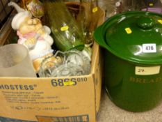 Green bread crock and lid and a mixed box of pottery and glassware