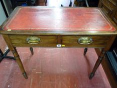 Antique mahogany two drawer side table with gilt tooled red leather top on turned supports