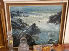 Heavy application oil on board - rocky coastline, titled verso 'Trearddur & Glyn, 1972', G K Jones