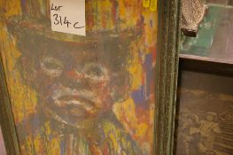 Framed mixed media painting of a clown by RON ORGAN and a Victorian print