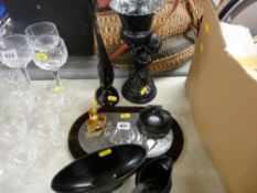 Pewter rose decorated tray, cherub gilt decorated lipstick stand and a quantity of black