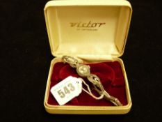 Swiss seventeen jewel Incabloc silver and marcasite lady's cocktail watch, the dial marked 'Victor',