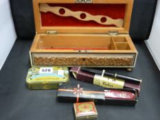 Carved and inlaid wooden box containing vintage fountain pens, rolled gold pencil, pocket knife etc