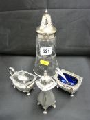 Cut glass sugar sifter with electroplate top and a three piece condiment set