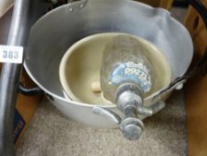 Vintage soda syphon, pestle and mortar and a galvanized pan