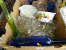 Box of mixed glassware including Bristol blue glass bottle etc