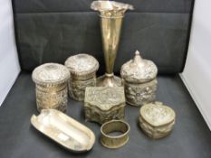 Hallmarked silver and white metal items including three Eastern repousse pattern lidded containers