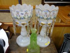Pair of Victorian glass lustres and an Art Deco style green glass candlestick